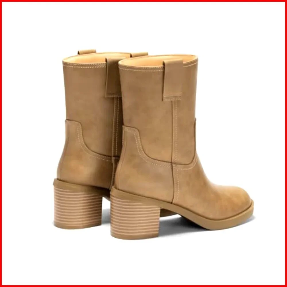 Platform Mid Calf Boots Chunky Block Heel Round Toe Slip On